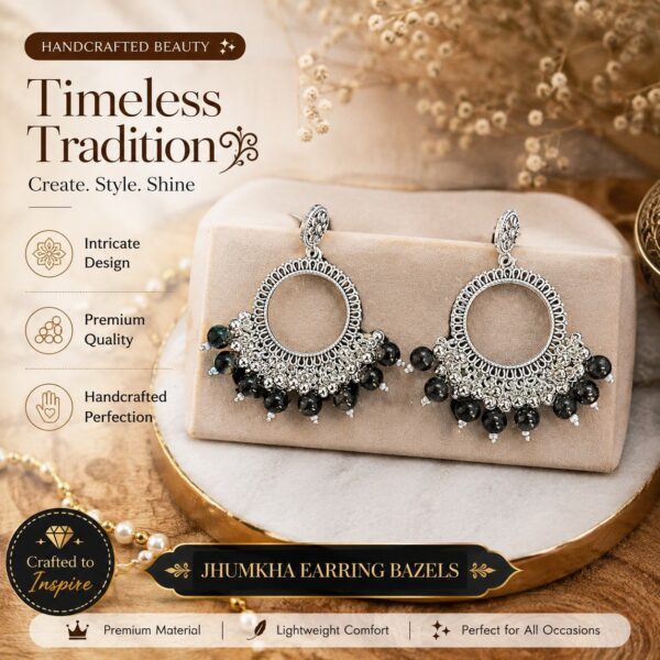 Jhumka Bezels with Moti – round -silver -black moti