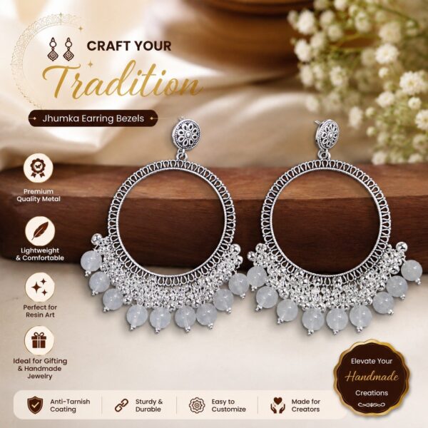 2 inch big Jhumka Bezels with Moti - silver  - white
