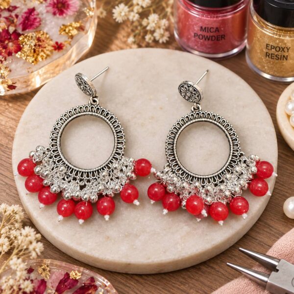Jhumka Bezels with Moti – round- silver – red moti