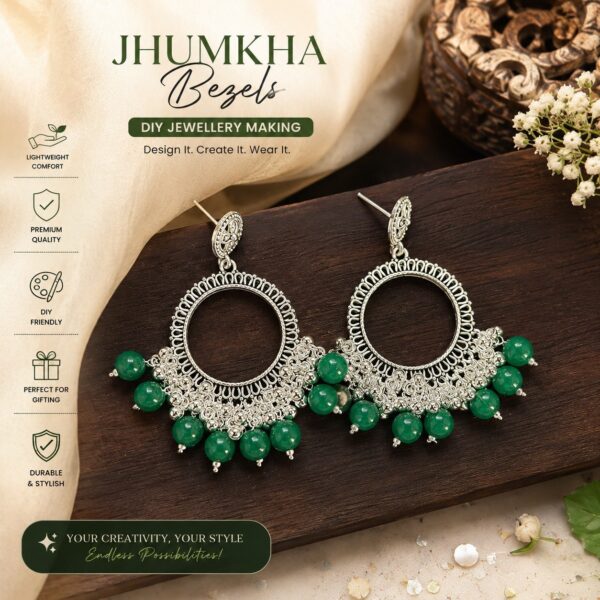 Jhumka Bezels with Moti – round- silver  - green moti